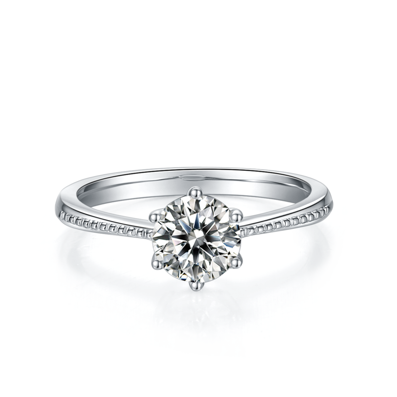 直臂珠边承诺S925银镀白金MoissaniteWomen's Ring1ctD级
